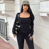 Women Co-Ord Set Winter Woman Square-Neck Long Sleeve Solid Color Slim Fit