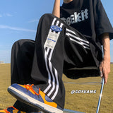Men Sweatpants Striped Sports Trousers Loose Straight Wide Leg