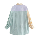 Women T-Shirt Autumn Fashion Polo Collar Striped Contrast Color Shirt Contrast Color