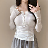 Women Long Sleeve Shirt Half-Open Collar Button round Neck Top for Women
