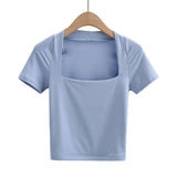 Women T-Shirt T-shirt Summer Short Sleeve Solid Color Short Slim Fit