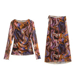 Women Skirt Autumn Printed Long Sleeve T-shirt Skirt Suit