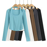 Women T-Shirt Halter U-Neck Long-Sleeved Fitted Short T-shirt