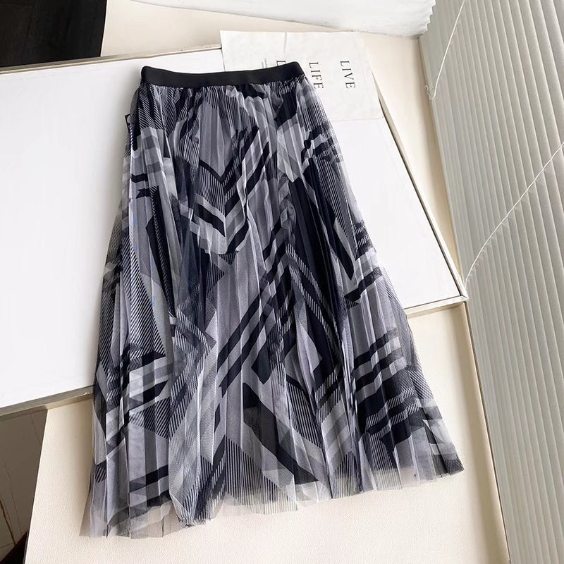 Women Skirt Spring/Summer Mesh Floral Print Pleated Skirt Skirt