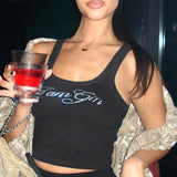 Women Halter Tops Summer Letters Rhinestone round Neck Sleeveless