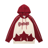 Men Hoodie Color Contrast Patchwork Raglan Sleeve Hooded Pullover Hip Hop Street Fashion Five-Pointed Star Paste Cloth Embroidery