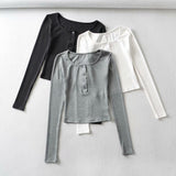 Women T-Shirt Button round Neck Long Sleeve T-shirt Women's Short