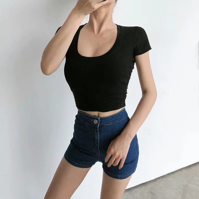 Women T-shirt Summer High Waist T-shirt Short Cotton Top