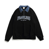 Men Hoodie Denim Hoodie Men's Loose Street Letter Long Sleeve Polo Shirt