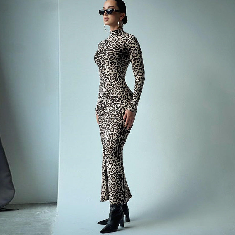 Women Desses Fall Women's Clothing Leopard Print Long Sleeve Dress