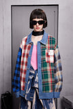 Unisex Jacket Fall Contrast Color Check Splicing Coat Women