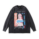 Men Long Sleeve Shirt Cartoon Anime Print Distressed Long Sleeve T-shirt Men and Women Hip Hop
