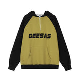 Men Hoodie Color Contrast Patchwork Raglan Sleeve Hooded Sweater Letter Embroidery Loose Pullover Leisure Hoodie