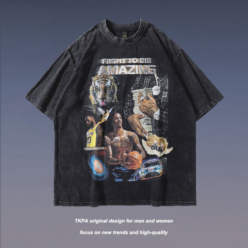 Men T Shirt American Retro Figure Printed Short Sleeve T-shirt Men and Women Hip Hop Loose