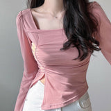 Women Long Sleeve Shirt Woman Square-Neck Bottoming Shirt