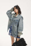 Unisex Jacket Autumn Washed Padded Shoulder Denim Coat Women's Clothing