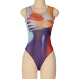 Women Jumpsuit Fashion Mesh Printed Slim round Neck Sleeveless Leotard