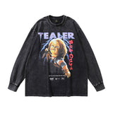 Men Long Sleeve Shirt Printed Vintage Hip Hop Retro Style Washed round Neck Long Sleeve Bottoming T-shirt