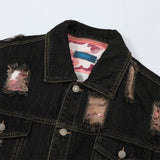 Men Denim Jacket Men's Loose Hole Denim Camouflage Coat