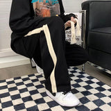 Men Sweatpants Striped Stitching Straight Wide-Leg Pants