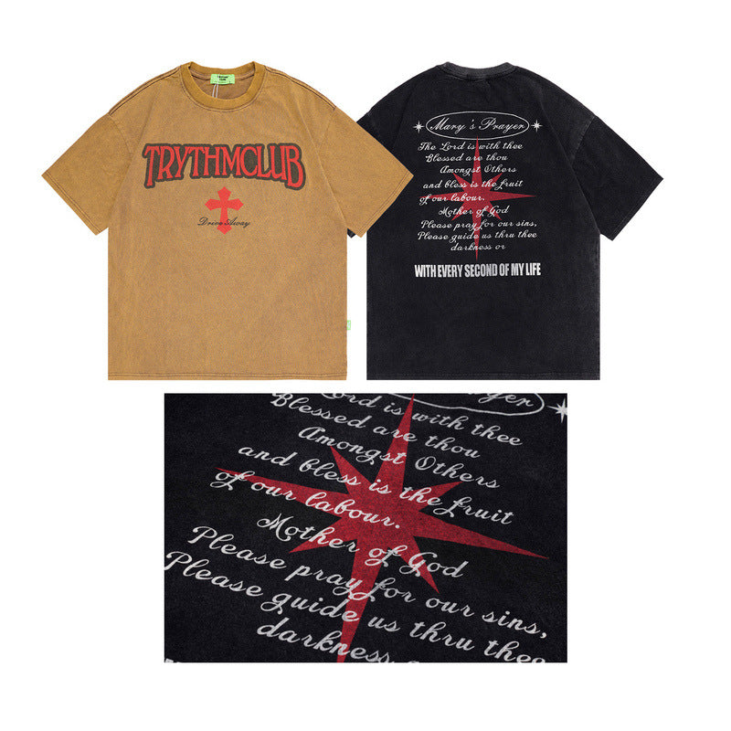 Men T Shirt High Street Print Worn Looking Washed-out Short Sleeve T-shirt Men and Women Loose