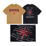 Men T Shirt High Street Print Worn Looking Washed-out Short Sleeve T-shirt Men and Women Loose