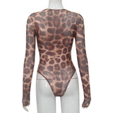 Women Jumpsuit round Neck Long Sleeve Sexy Leopard Print Jumpsuit