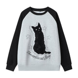 Men Hoodie Flocking Black Cat Embroidered Crew Neck Sweater