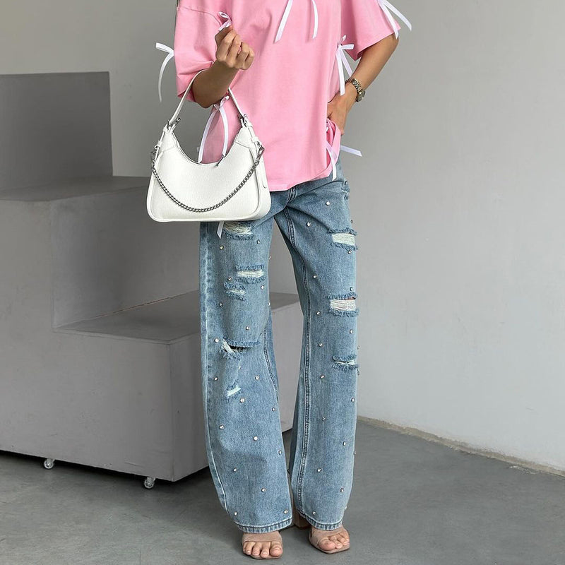 Women Jeans Spring and Autumn Women Loose Draping Effect Straight-Leg Pants