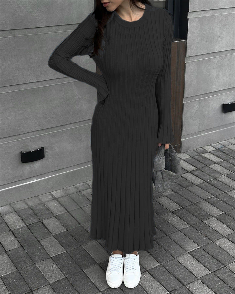 Women Sweater Dress Knitted Long Sleeve Middle Female round-Neck High Waist Dress