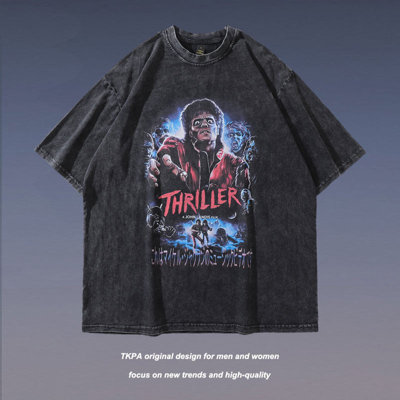 Men T Shirt Distressed Printed Short-Sleeved T-shirt Male and Female Personality Washed Loose