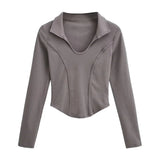 Women T-shirt High Waist Short T-shirt Female Autumn Long-Sleeved Top