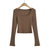 Women T-Shirt T-shirt Top Spring Bottoming Square-Cut Collar Slimming Long Sleeve