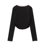 Women Long Sleeve T-Shirt Printed Pleated Short T-shirt for Girls Spring and Autumn round Neck