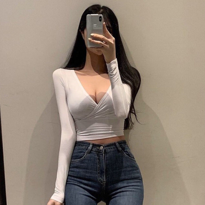 Women Long Sleeve Shirt V-neck Short Sleeve Tight Top for Women Short Bottoming Shirt