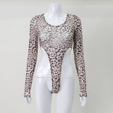 Women Jumpsuit Mesh Leopard Print Long Sleeve Jumpsuit