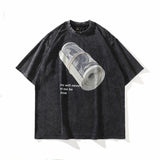 Men T Shirt Retro Washed Distressed Anime Print Short Sleeve T-shirt Loose