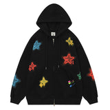 Men Hoodie Five-Pointed Star Puff Print Hooded Jacket Two-Way Zipper Cardigan Sweater