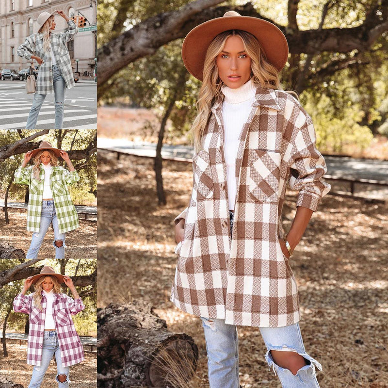 Plaid Trench Coat Print Long Woolen Coat