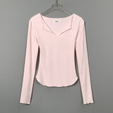 Women Long Sleeve Shirt V-neck Slim Slimming Curved Waist-Controlled Top Long Sleeve