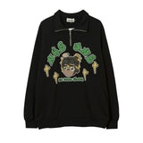 Men Hoodie Cartoon Character Puff Print Lapel Sweater Loose Half Zipped Stand Collar Pullover