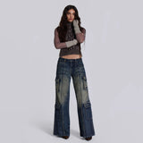 Women Cargo Pants Jeans Women Stitching Casual Straight Pants