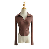 Women T-Shirt Autumn Stretch Threaded Long Sleeve T-shirt Short