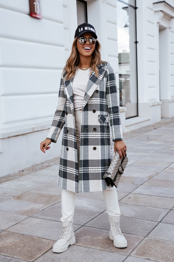Plaid Trench Coat Fashion Plaid Woolen Coat Overcoat Women
