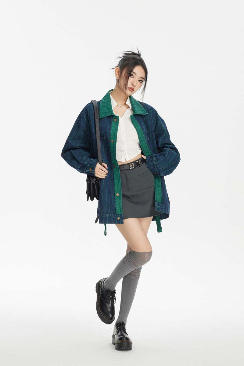 Unisex Jacket Autumn Striped Contrast Color Denim Jacket Women's Clothing
