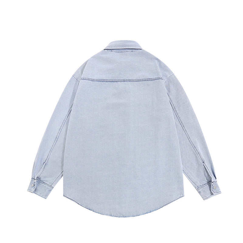 Men Long Sleeved T Shirt Embroidered Denim Long Sleeve Shirt Men Spring and Autumn Wash Water Denim Shirt Coat