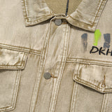 Men Denim Jacket Letter Embroidered Denim Jacket Loose Wash Distressed
