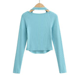 Women T-Shirt Halter U-Neck Long-Sleeved Fitted Short T-shirt