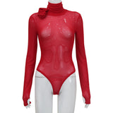 Women Jumpsuit Turtleneck Long Sleeve Mesh Slim Fit Jumpsuit