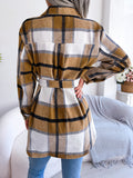 Plaid Trench Coat Casual Contrast Color Plaid Long-Sleeved Woolen Coat